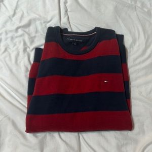 Tommy Hilfiger Red and Blue Striped Crewneck Sweater